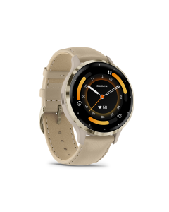 Venu 3S: Soft Gold Stainless Steel Bezel with French Grey Case and Leather Band