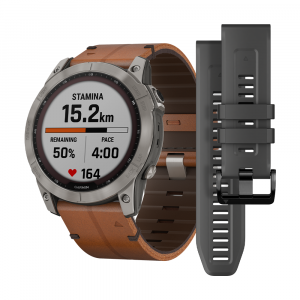 fēnix® 7X – Sapphire Solar Edition, Titanium with Chestnut Leather Band and Graphite Silicone Band