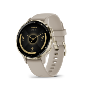 Venu 3S: Soft Gold Stainless Steel Bezel with French Grey Case and Silicone Band