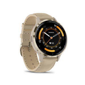Venu 3S: Soft Gold Stainless Steel Bezel with French Grey Case and Leather Band