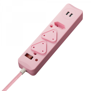SWITCHED 3 Way Surge Protected Multiplug with Dual 2.4A USB Ports, 0.5M Braided Cord Pink